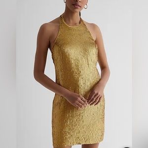 Sequin Halter Neck Open Back Mini Shift Dress XS in Antique Moss
